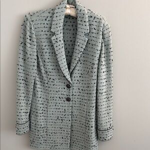St. John Mint Blue Black Knit Ribbon Boucle Long Blazer